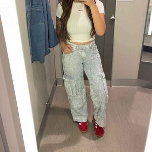 Target Women's Mid-Rise Cargo Baggy Wide Leg Utility Jeans Railroad Striped